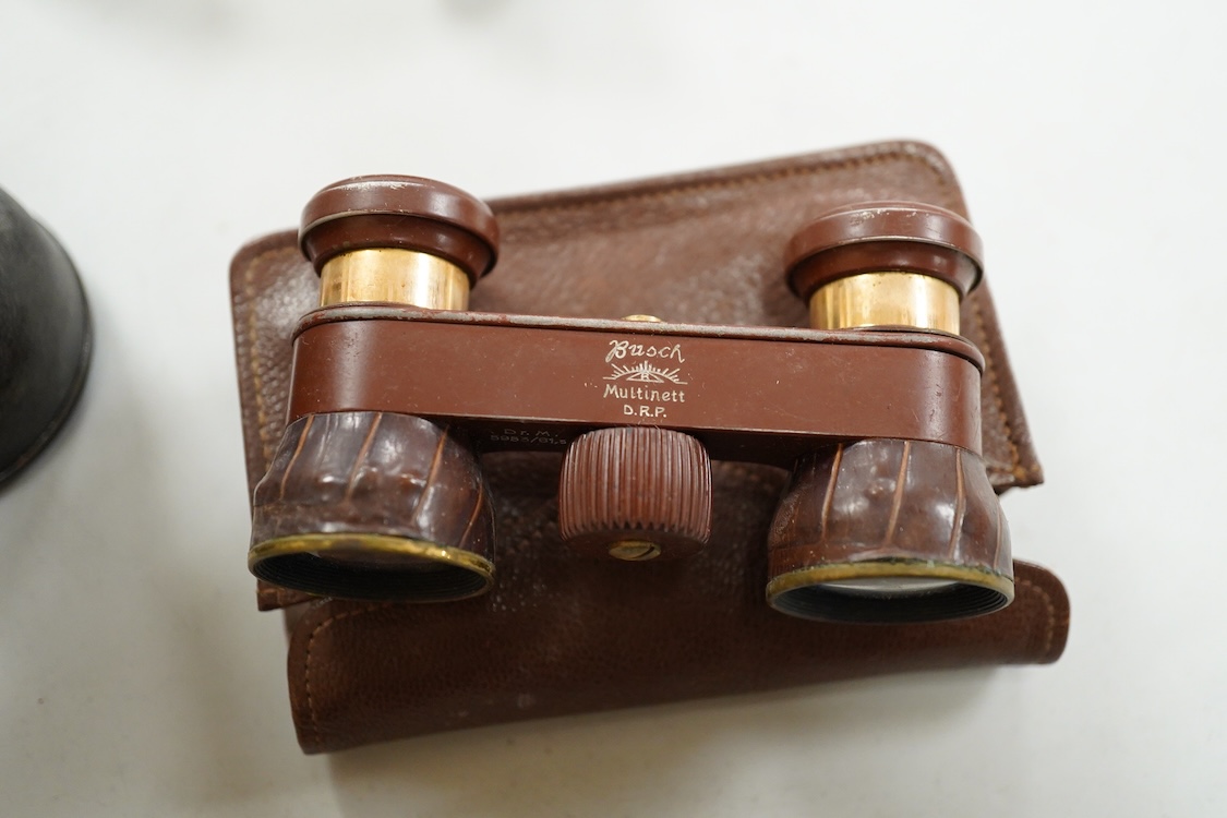 A Le Coultre desk timepiece, and four pairs of opera glasses